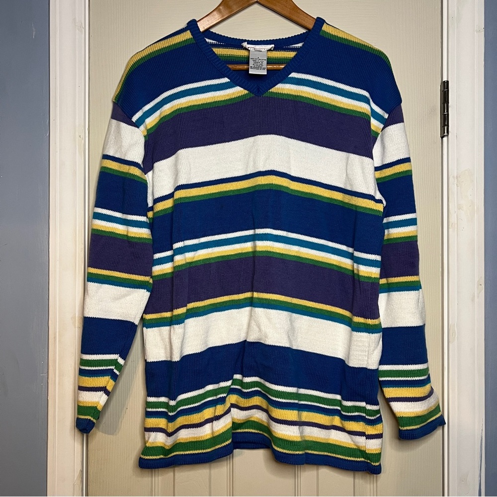 Talbots Long Sleeved V Neck Striped Sweater Size Large 100% Cotton Made in USA